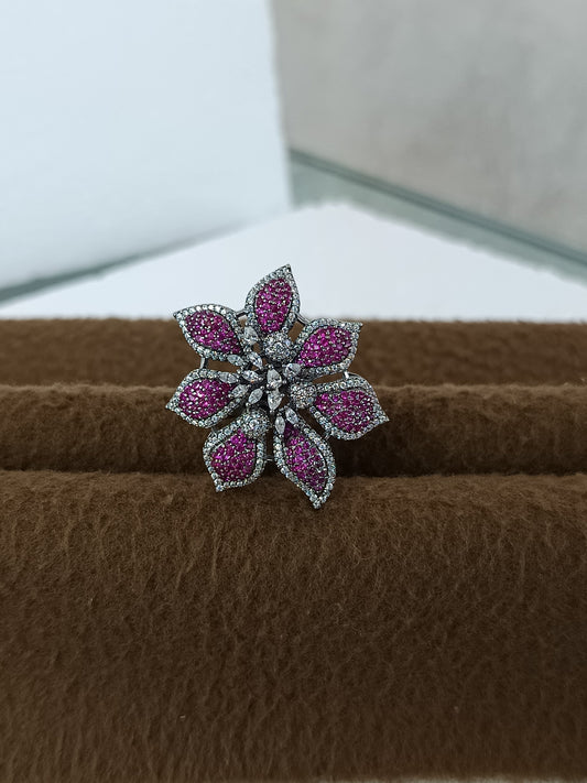 Fuchsia Bloom Adjustable Finger Ring – Platinum Plated with Color AD Sparkle