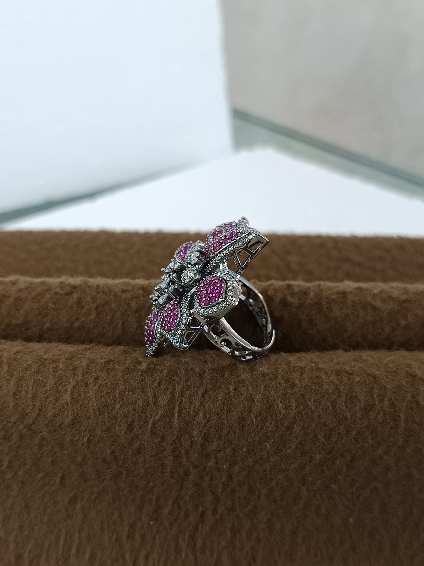Fuchsia Bloom Adjustable Finger Ring – Platinum Plated with Color AD Sparkle