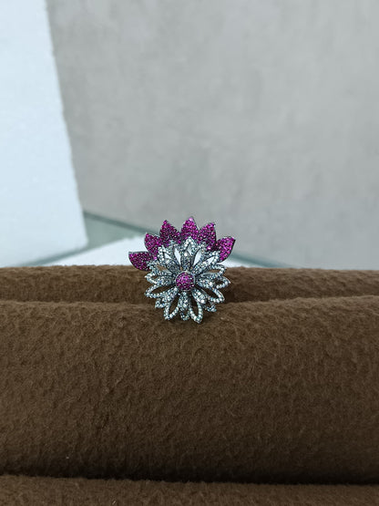 Radiant Ruby Bloom Adjustable Ring - Platinum Plated