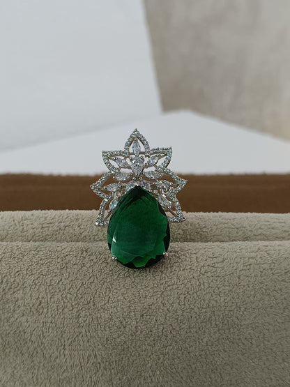 Enchanting Gemstone, AD Studded Adjustable Ring - Platinum Plated