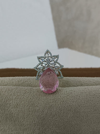 Enchanting Gemstone, AD Studded Adjustable Ring - Platinum Plated