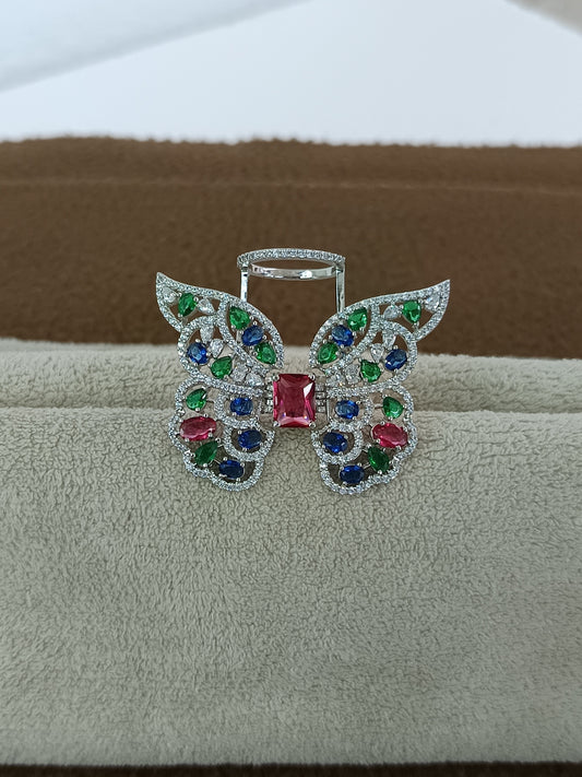 "Wings of Elegance" – Adjustable Flying Butterfly Ring with Multicolor AD Sparkle