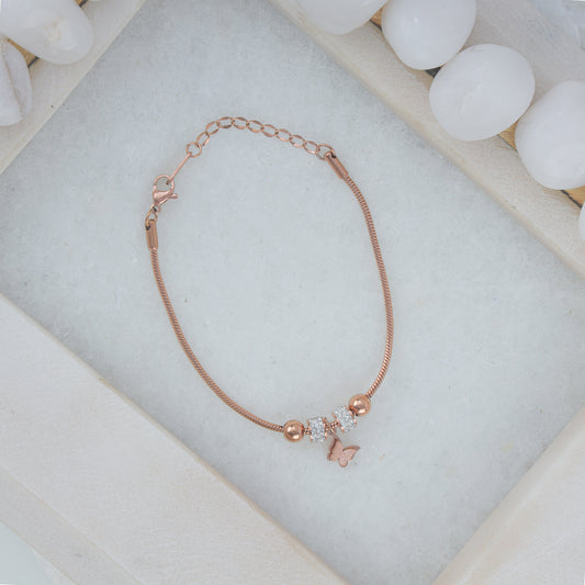 18KT STAIN LESS ROSE GOLD PLATED CZ, BUTTERFLY BRACELET