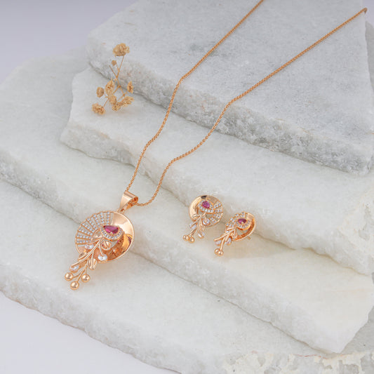 18K ROSE GOLD PLATED ROUND FLOWRA SHAPE PENDANT SET,RUBY STONE AND CZ DIAMOND WITH 18" CHAIN