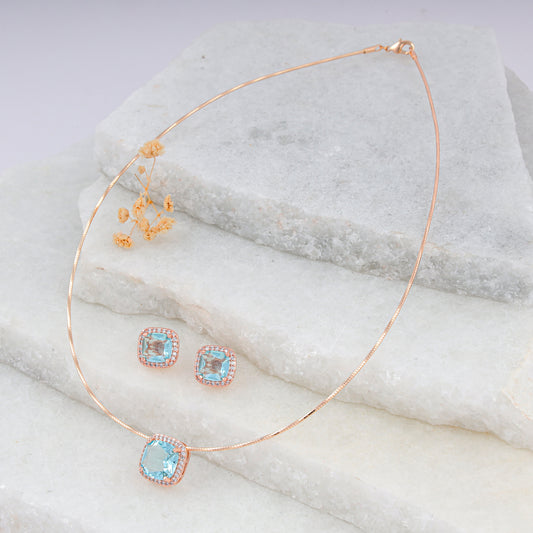 18K ROSE GOLD PLATED SQUARE SHAPE,AQUAMARINE STONE AND CZ DIAMOND PENDANT SET WITH 18"ADJUSTABLE CHAIN