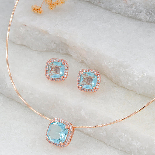 18K ROSE GOLD PLATED SQUARE SHAPE,AQUAMARINE STONE AND CZ DIAMOND PENDANT SET WITH 18"ADJUSTABLE CHAIN