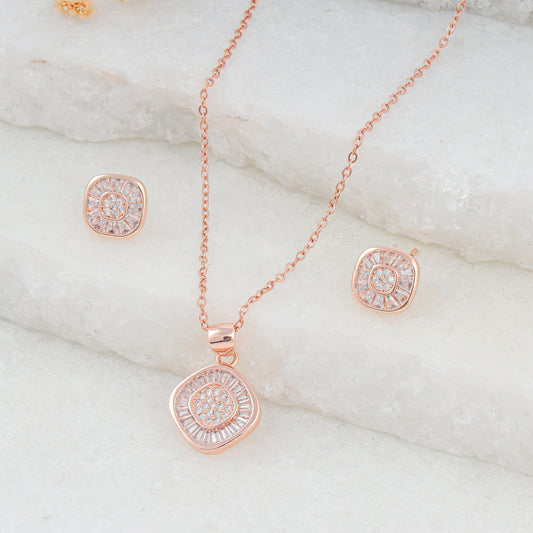 18K ROSE GOLD PLATED SQUAR SHAPE CHOKI DIAMOND PENDAN SET WITH 18" CHAIN