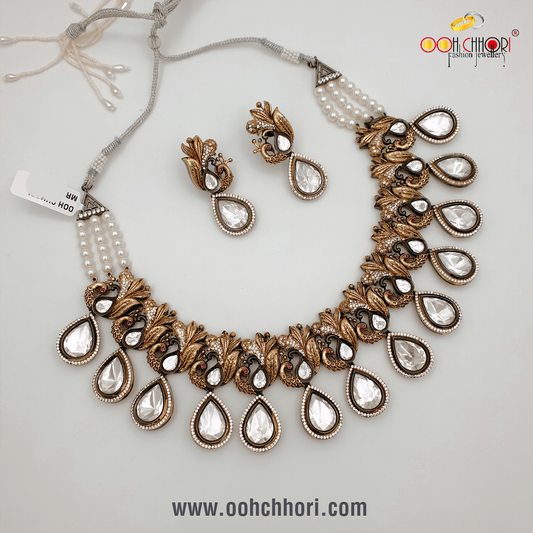 BIG SILVER FOILED LIVE KUNDAN WITH CZ SETTING MAYUR NECKLACE SET