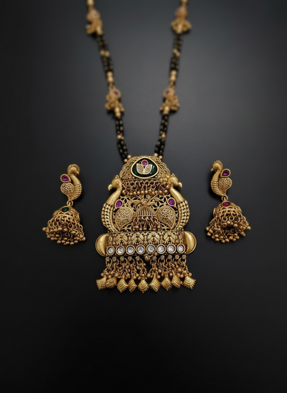 Antique Temple Peacock Mangalsutra Set with Ruby, Emerald and Cz Stones