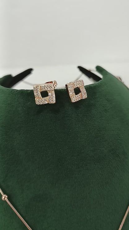 Gleaming Square Rose Gold AD Necklace Set with Chain & Ear Tops
