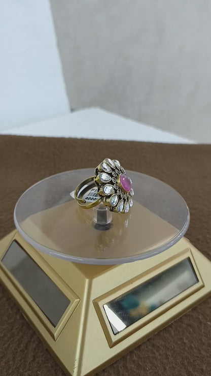 Regal Bloom – Antique Gold Plated Kundan Adjustable Ring with Oval Stone
