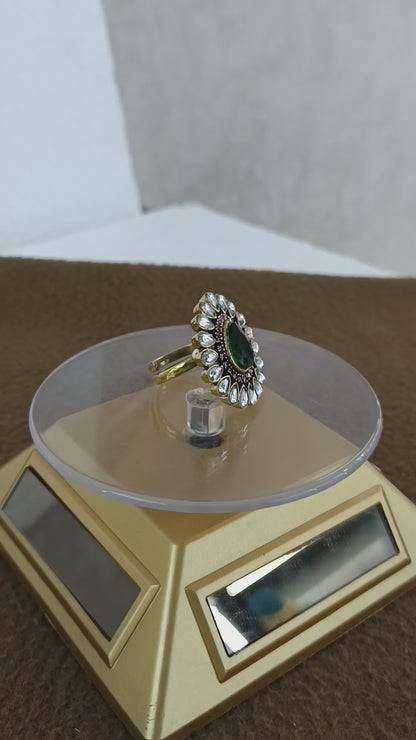 Royal Bloom – Antique Gold Plated Kundan Adjustable Ring with Pear-Shaped Color Stone