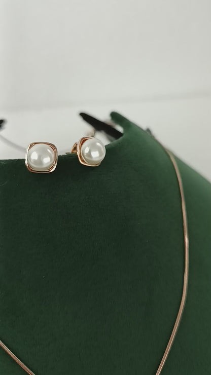 Elegant Pearl Rose Gold Necklace Set with Chain & Ear Tops