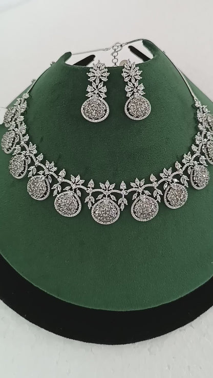 Premium Rhodium-Plated Grace & Glow Silver Finish American Diamond Necklace Set