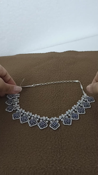 Midnight Elegance – Rhodium-Plated White & Blue American Diamond Necklace Set