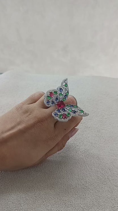 "Wings of Elegance" – Adjustable Flying Butterfly Ring with Multicolor AD Sparkle