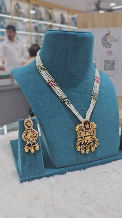 Antique red stone hathi pendent set with mala