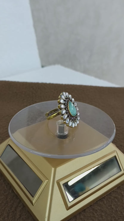 Royal Bloom – Antique Gold Plated Kundan Adjustable Ring with Pear-Shaped Color Stone