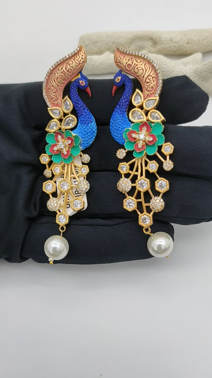 ANTIQUE MATT GOLD PLATED PEACOCK EARRING IN HAND PRINT MINA WITH PEARL DROP