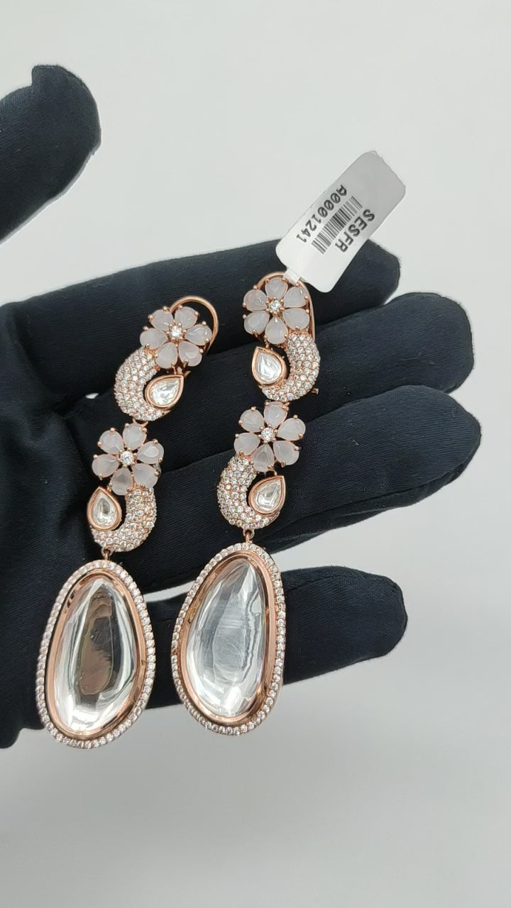 LUXURIOUS LONG ROSE GOLD EARRINGS WITH GRRAY STONE AND SILVER FOIL KUNDAN
