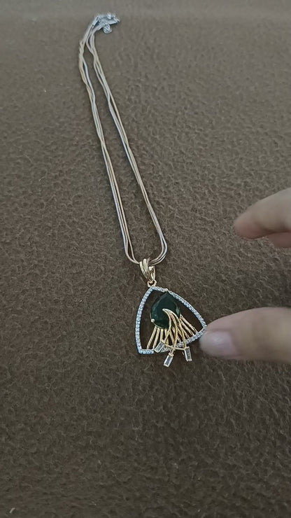 Emerald Teardrop Elegance – Gold & Rhodium Plated American Diamond Pendant Set