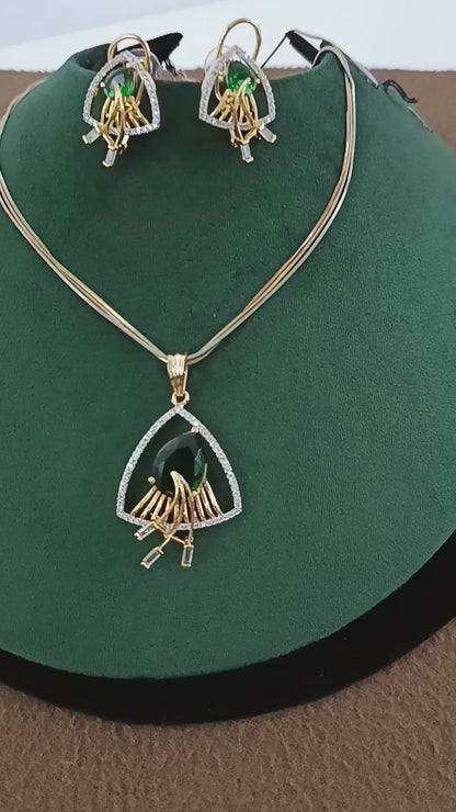 Emerald Teardrop Elegance – Gold & Rhodium Plated American Diamond Pendant Set