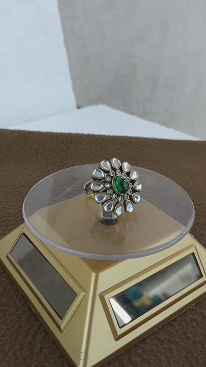 Regal Bloom – Antique Gold Plated Kundan Adjustable Ring with Oval Stone