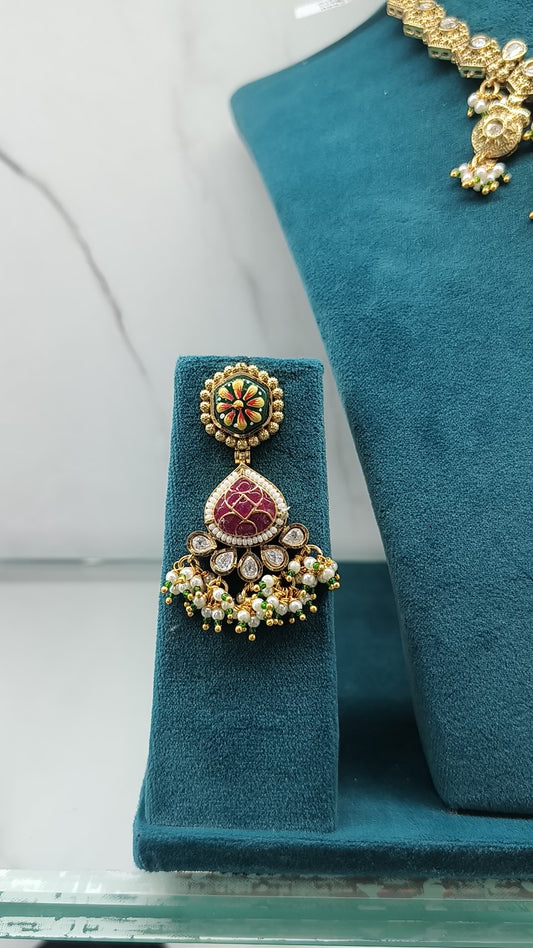 Traditional Gold Necklace Set with Ruby and Diamond Pendant