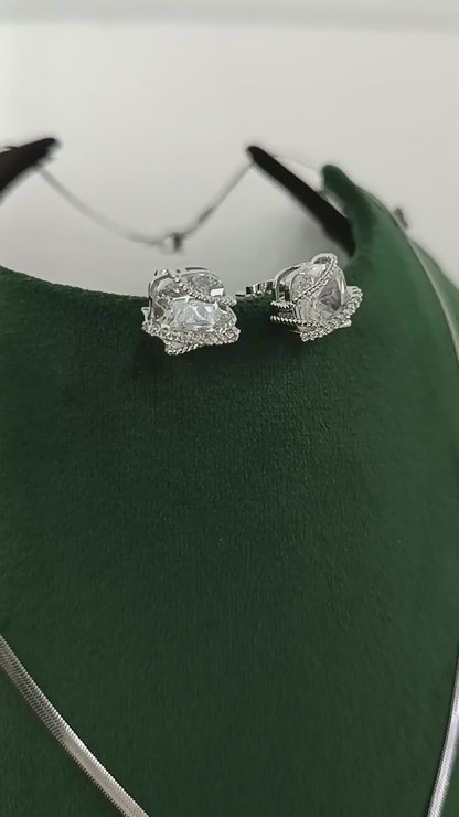Delicate Silver Finish AD Dezzal Pendant Set with Chain & Ear Tops