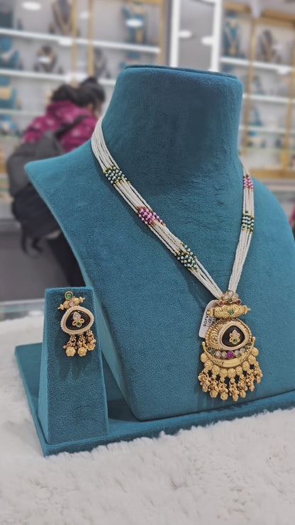 Royal Multi-Strand Pearl Temple Necklace Set with Black Enamel Pendant