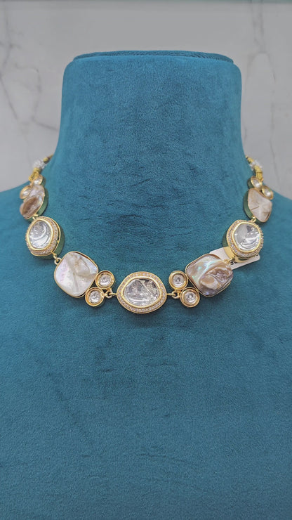 Gold plated Sanchi polki stone necklace set