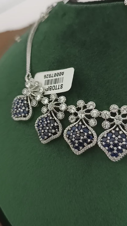 Midnight Elegance – Rhodium-Plated White & Blue American Diamond Necklace Set