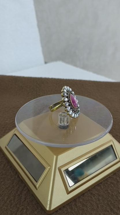 Royal Bloom – Antique Gold Plated Kundan Adjustable Ring with Pear-Shaped Color Stone