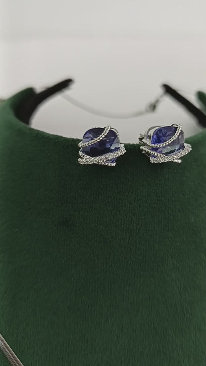 "Silver Serenity: American Blue Dazzle Diamond Pendant Set"