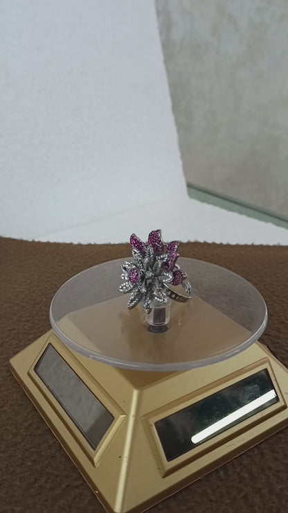 Radiant Ruby Bloom Adjustable Ring - Platinum Plated