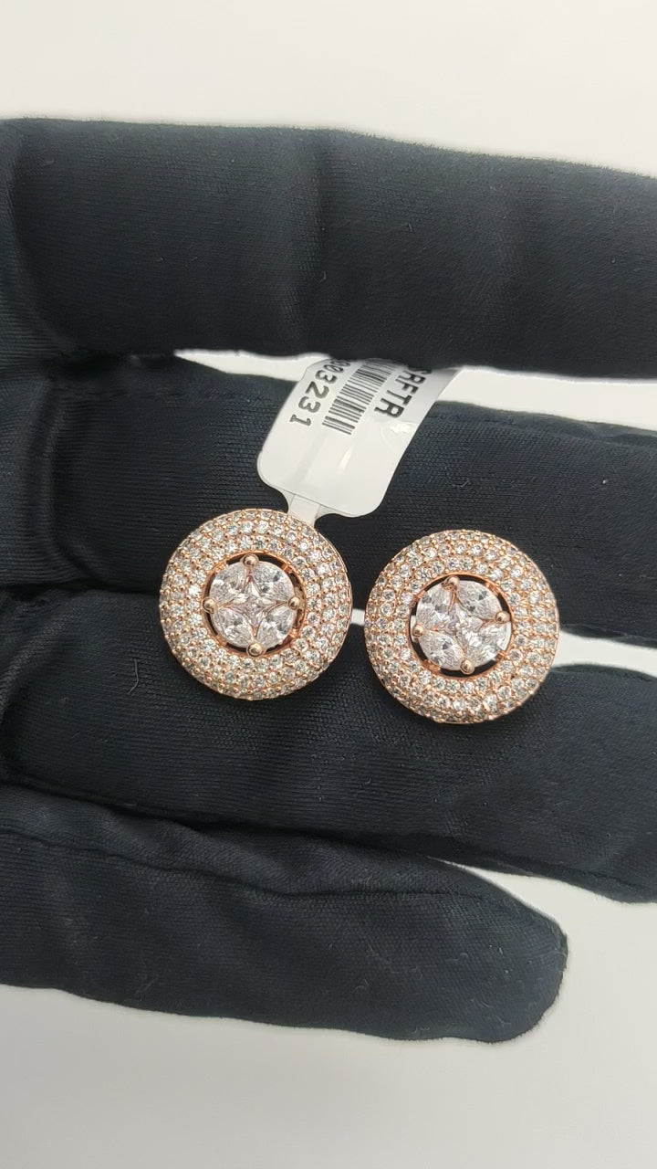 ROSE GOLD PLATED ROUND STUD WITH CZ DIAMOND AND LEAF SHAPE STONE