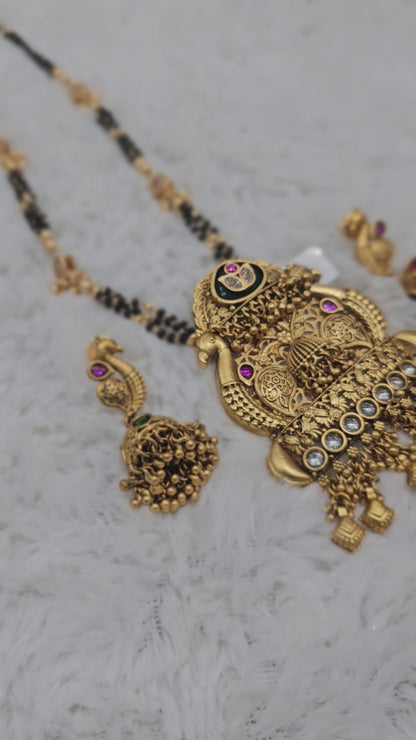 Antique Temple Peacock Mangalsutra Set with Ruby, Emerald and Cz Stones