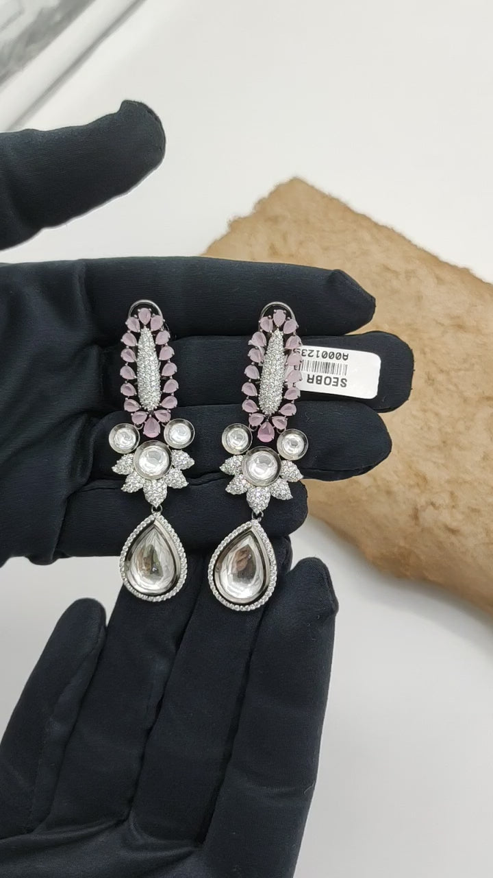 CZ DIAMOND AND BABY PINK STONE WITH SILVER FOIL KUNDAN HANGING  WITH CHARCOAL PLATED EARRINGS