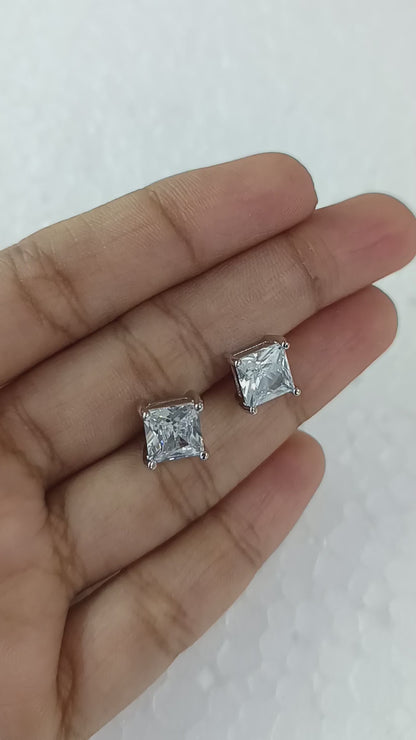 Classic Princess-Cut CZ Silver Stud Earrings
