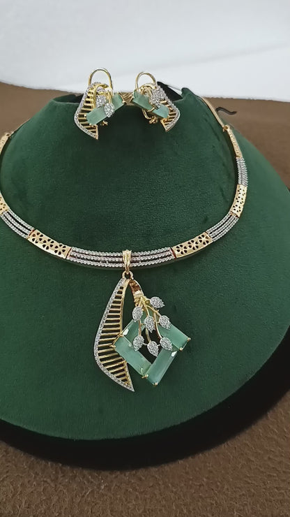 Mint Charm – Gold & Rhodium-Plated Slider Pendant Set with American Diamonds & Mint Green Accents