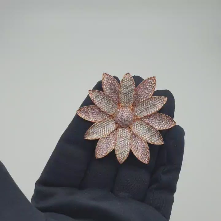 3D FLOWER WITH PRECIOUS CZ DIAMOND SETTING ADJUSTABLE FINGER RING IN A ROSE GOLD FINISH