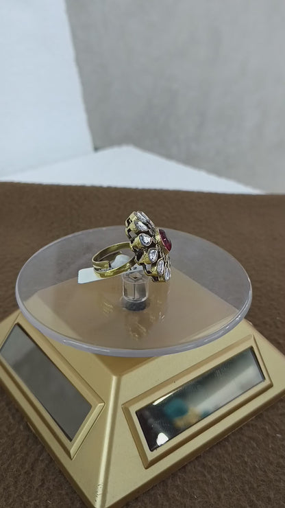 Regal Bloom – Antique Gold Plated Kundan Adjustable Ring with Oval Stone