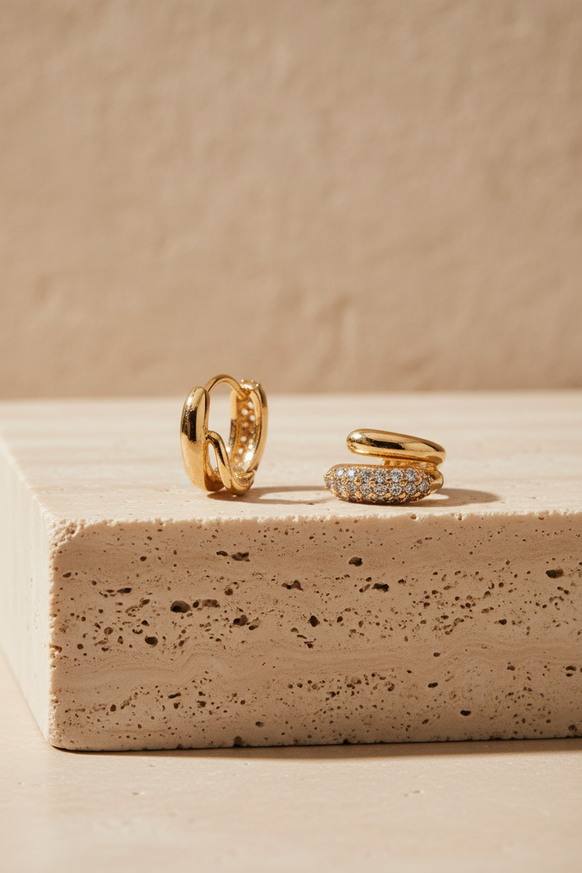 Gold Plated Dual Wave C-Cuff Stud Earrings - Sparkling Multi-Row Stone Embedded Wrap Earrings for Women