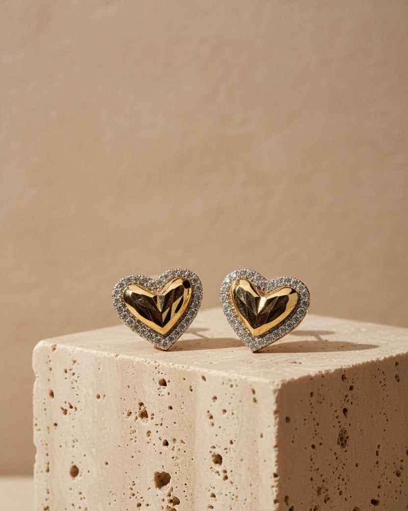 Two-Tone Heart Halo Stud Earrings - Textured Gold & Silver Cubic Zirconia Earrings for Women