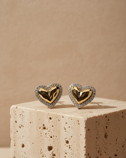 Two-Tone Heart Halo Stud Earrings - Textured Gold & Silver Cubic Zirconia Earrings for Women