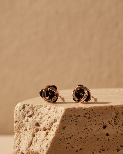 Rose Gold Interlocking Floral Stud Earrings - Everyday Wear Black Stone Studs for Women