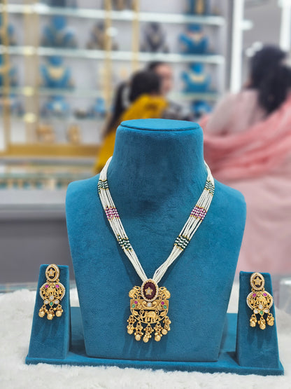 Antique red stone hathi pendent set with mala