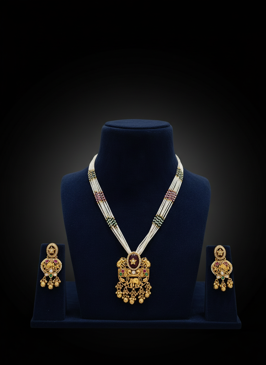 Antique red stone hathi pendent set with mala