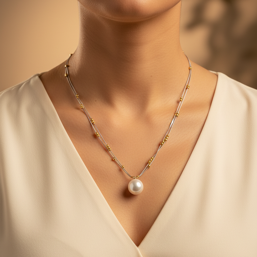 Rose Gold & Silver Plated Layered Necklace With Pearl Pendant