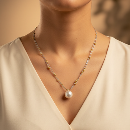 Rose Gold & Silver Plated Layered Necklace With Pearl Pendant